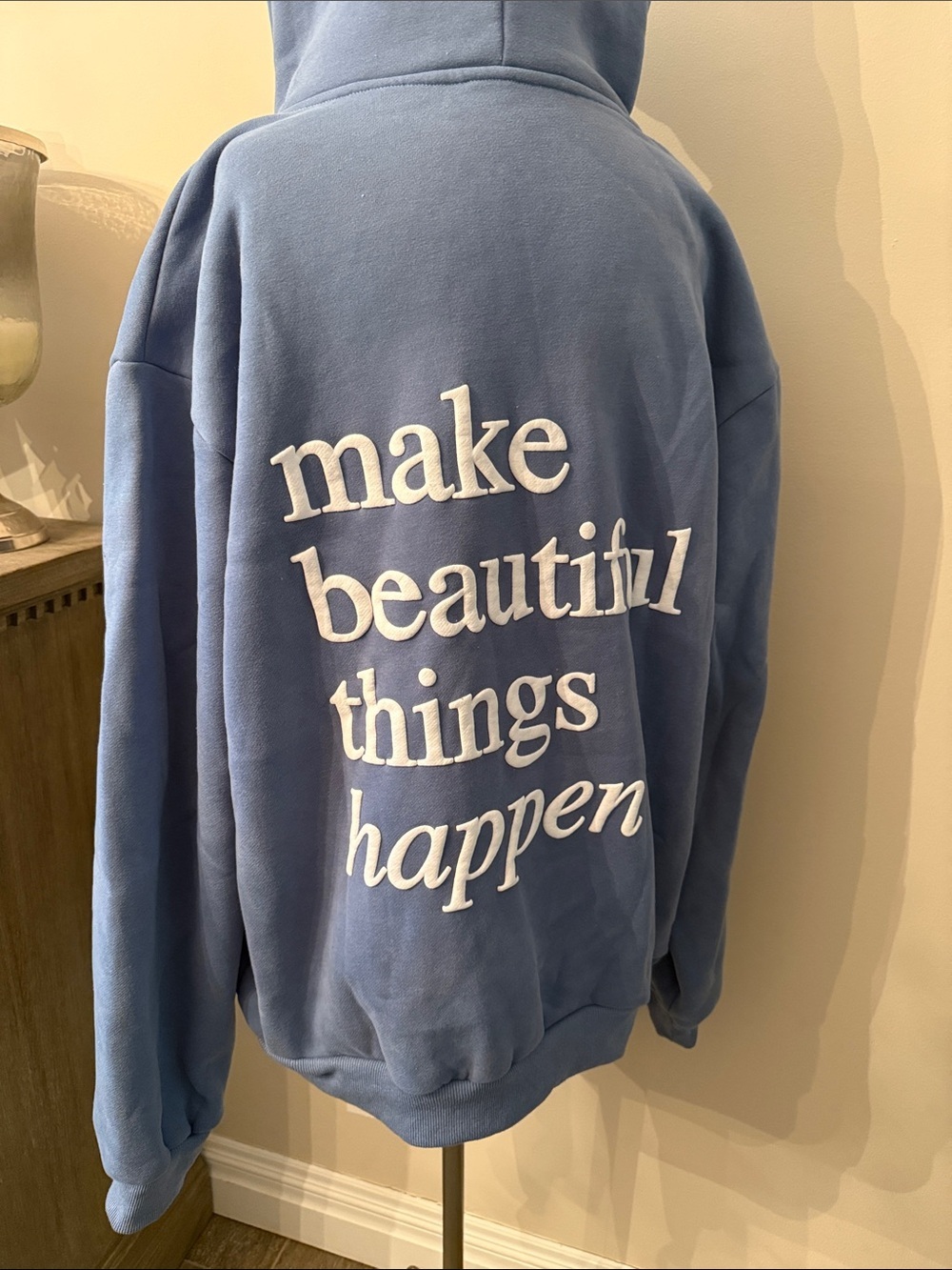 Altar’d State MAKE BEAUTIFUL THINGS HAPPEN Light Blue Hoodie with White Script